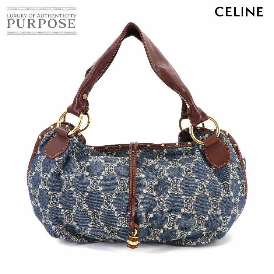 CELINE セリーヌ マカダム ショルダー バッグ デニム レザー ブルー  