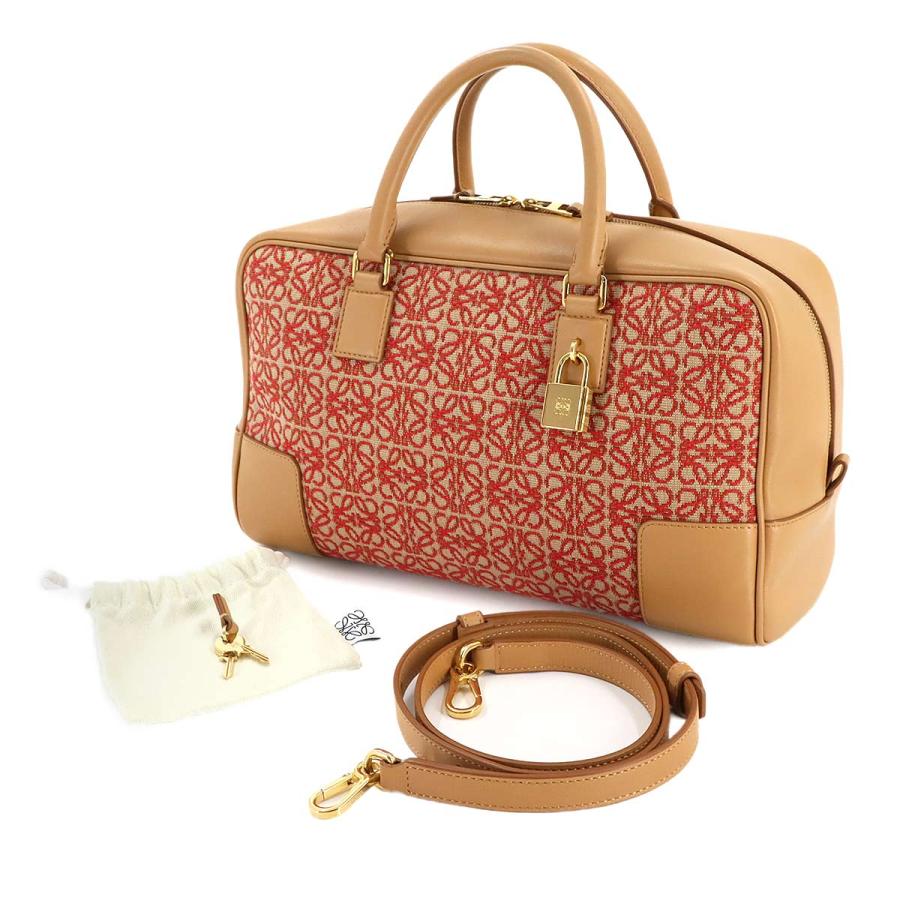 新品同様 ロエベ LOEWE アマソナ 28 2way ハンド ショルダー バッグ ジャカード レザー ブラウン レッド A039N08X02 90307843の画像