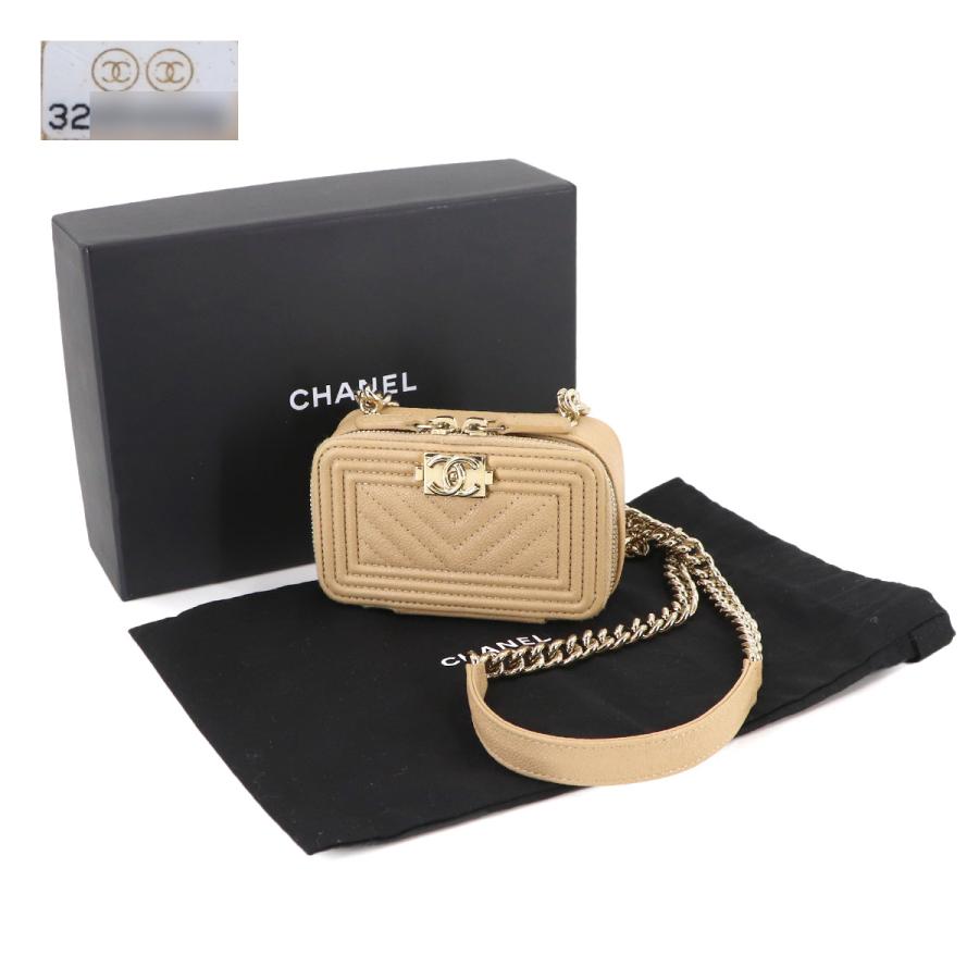 新品同様 シャネル CHANEL ボーイシャネル チェーン ウォレット コインパース キャビアスキン ベージュ AP2708 ゴールド 金具 90313152の画像