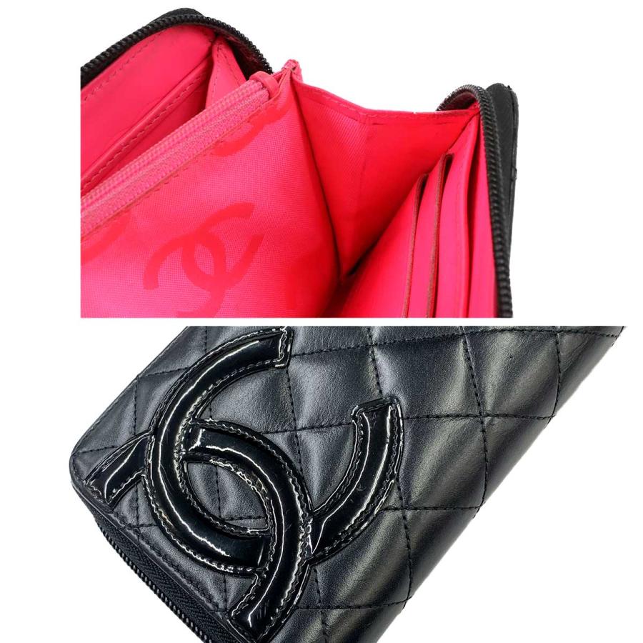 シャネル CHANEL カンボンライン ラウンドファスナー 長財布 レザー エナメル ブラック A50078 シルバー 金具 90318195の画像