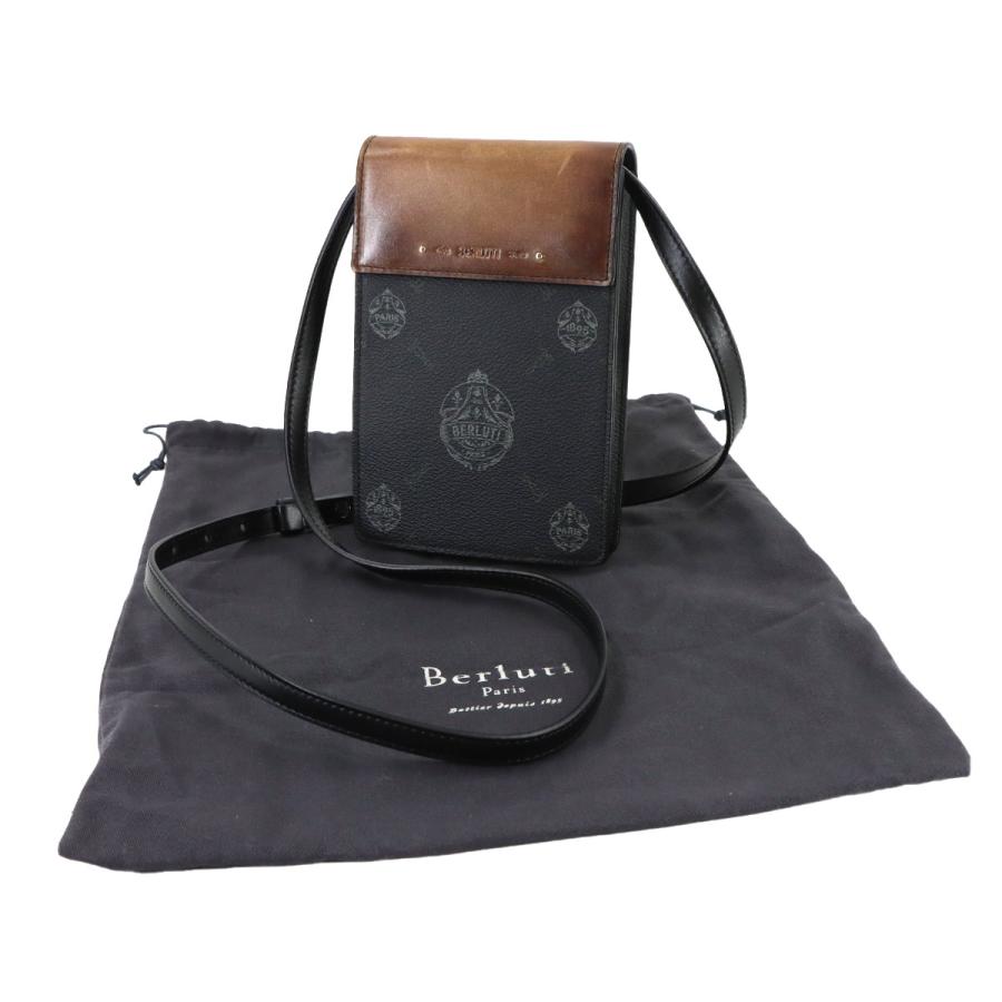 新品同様 ベルルッティ Berluti トラベラー フォンポーチ ショルダー バッグ PVC レザー ブラック ブラウン シグネチャー 90318910 Berluti（ベルルッティ） 新品同様 トラベラー フォンポーチ