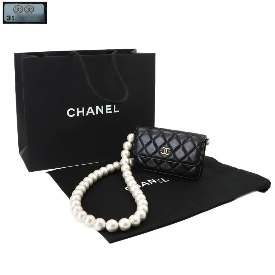 新品同様 シャネル CHANEL マトラッセ パールチェーン ウォレット 長財布 ラムスキン ブラック AP1839 フェイクパール 90320224の画像