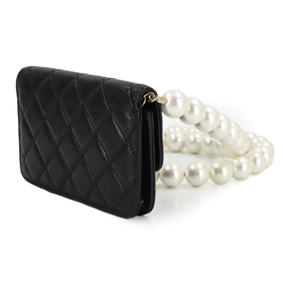新品同様 シャネル CHANEL マトラッセ パールチェーン ウォレット 長財布 ラムスキン ブラック AP1839 フェイクパール 90320224の画像