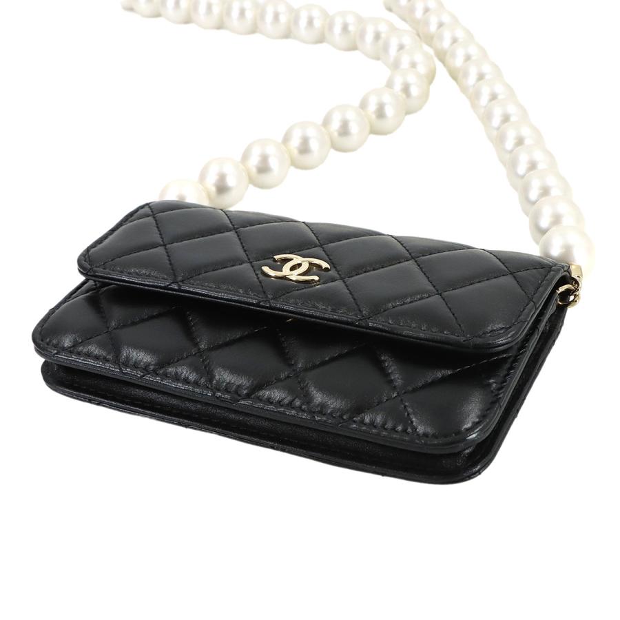 新品同様 シャネル CHANEL マトラッセ パールチェーン ウォレット 長財布 ラムスキン ブラック AP1839 フェイクパール 90320224の画像
