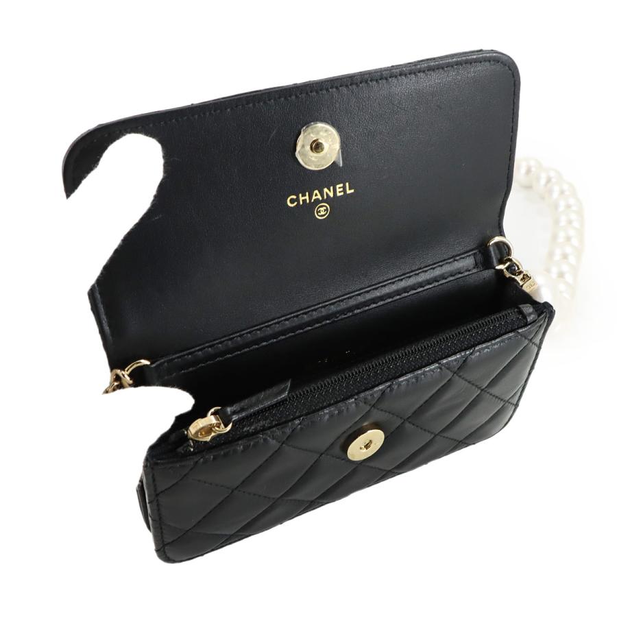 新品同様 シャネル CHANEL マトラッセ パールチェーン ウォレット 長財布 ラムスキン ブラック AP1839 フェイクパール 90320224の画像