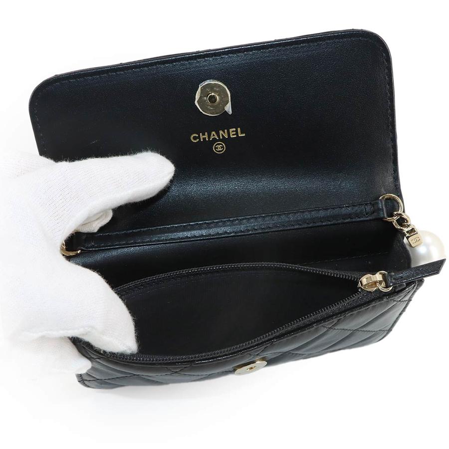 新品同様 シャネル CHANEL マトラッセ パールチェーン ウォレット 長財布 ラムスキン ブラック AP1839 フェイクパール 90320224の画像