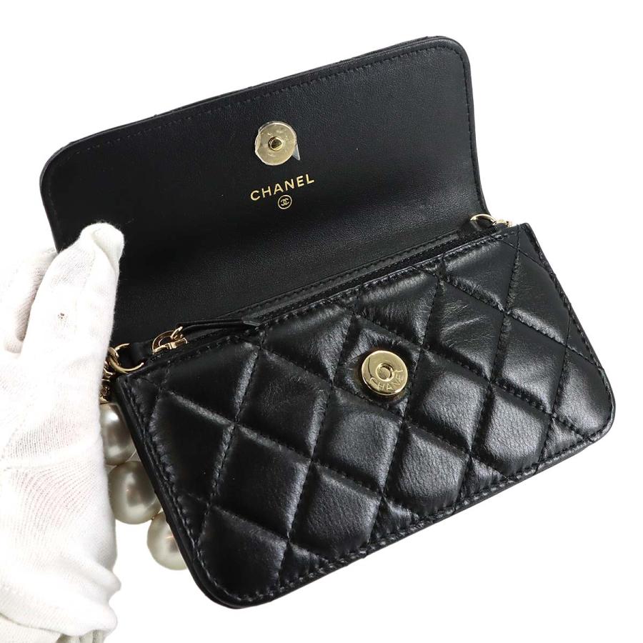 新品同様 シャネル CHANEL マトラッセ パールチェーン ウォレット 長財布 ラムスキン ブラック AP1839 フェイクパール 90320224の画像