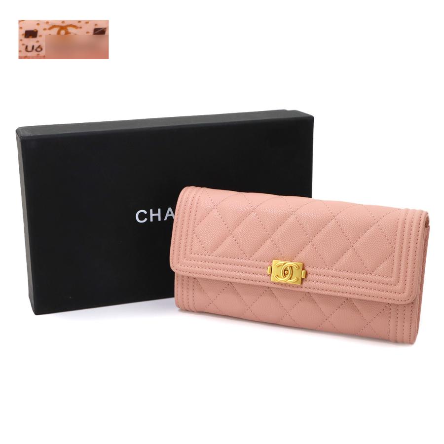 シャネル CHANEL ボーイシャネル マトラッセ 二つ折り 長財布 キャビアスキン ピンク A80286 ゴールド 金具 90324005の画像