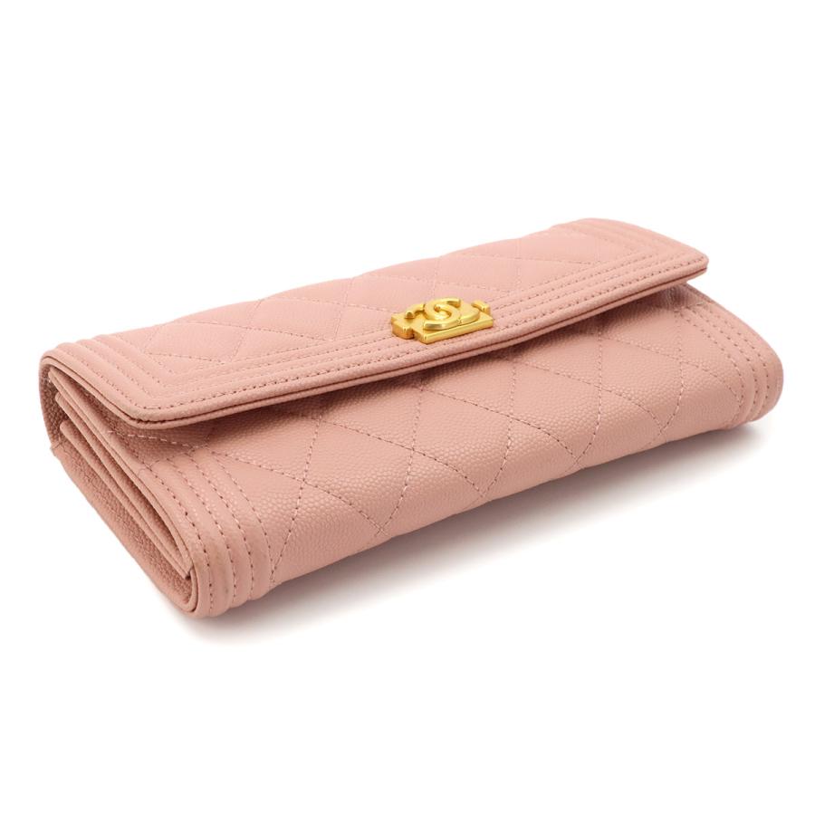 シャネル CHANEL ボーイシャネル マトラッセ 二つ折り 長財布 キャビアスキン ピンク A80286 ゴールド 金具 90324005の画像