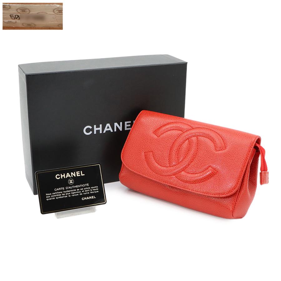 【極美品】シャネル キャビアスキン ポーチ ココマーク ゴールド金具 シリアル有 CHANEL（シャネル） 新品同様 ココマーク ポーチ キャビアスキン