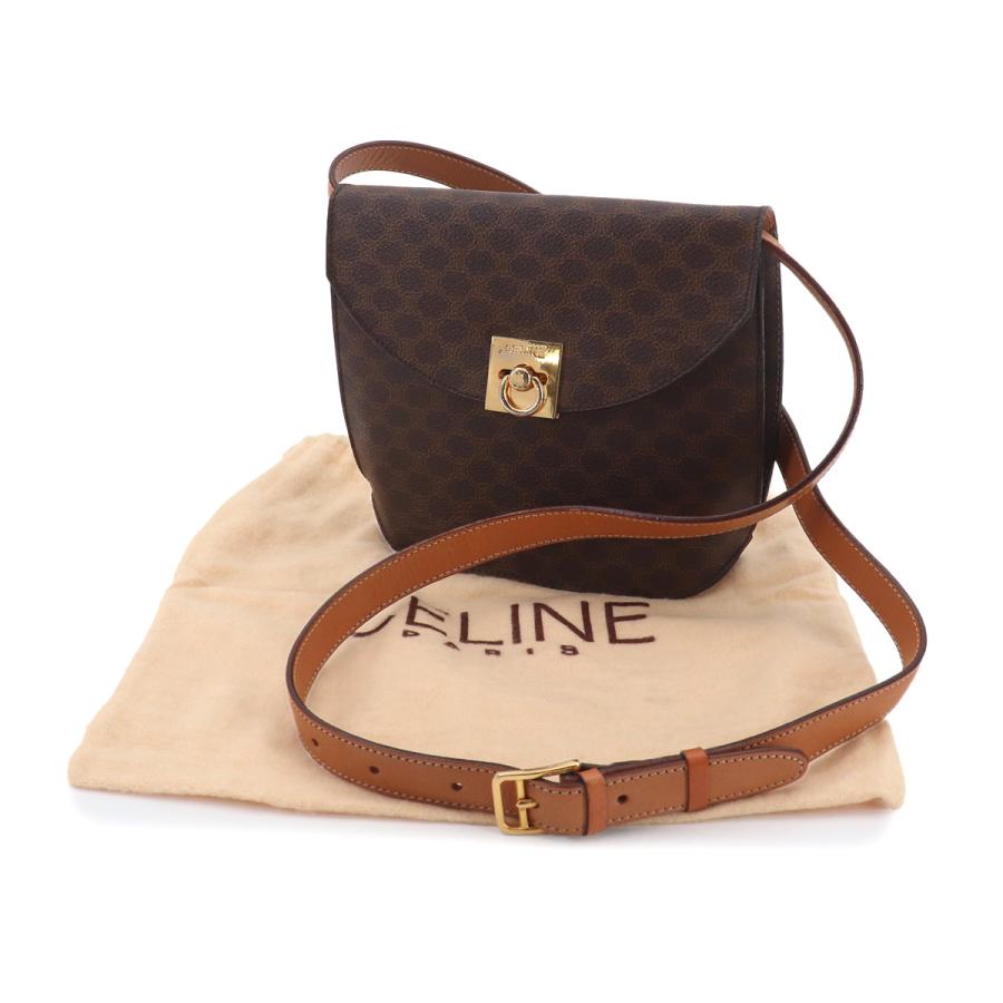 CELINE ショルダーバッグ 斜めがけ マカダム柄 ゴールド金具 PVC 本革 CELINE（セリーヌ） マカダム ショルダー バッグ PVC レザー ブラウン