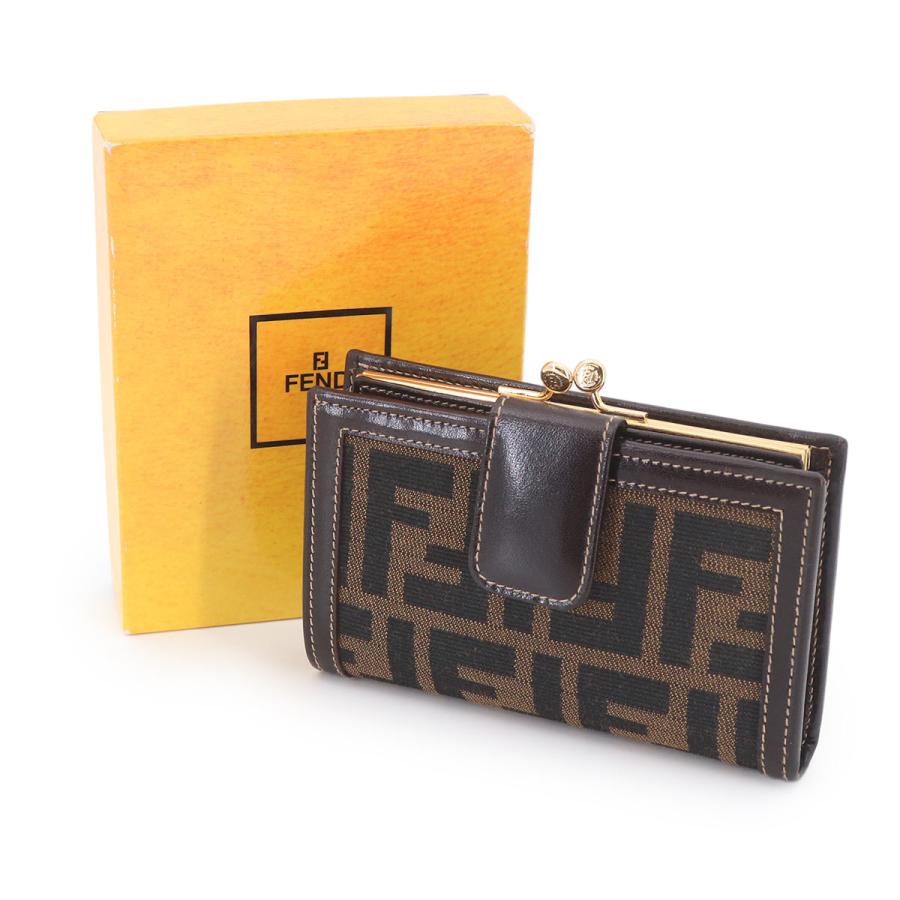 【未使用品】FENDI Wホック 二つ折り財布 ズッカ 茶×黒 キャンバスレザー FENDI（フェンディ） 新品同様 ズッカ がま口 二つ折り 財布