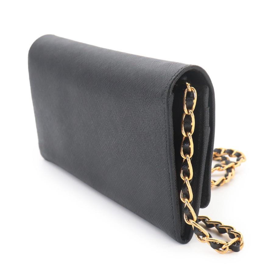 PRADA プラダ サフィアーノ ウォレットチェーン ロゴ 折財布 ブラック PRADA（プラダ） 新品同様 サフィアーノ チェーン ウォレット 長財布