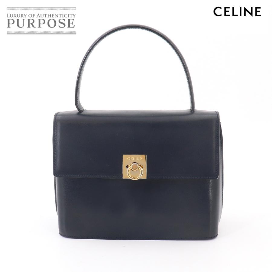 本物☆セリーヌ ゴールド ロゴ金具 レザー トートバッグ ハンドバッグ ネイビー CELINE（セリーヌ） ハンド バッグ レザー ネイビー ゴールド 金具