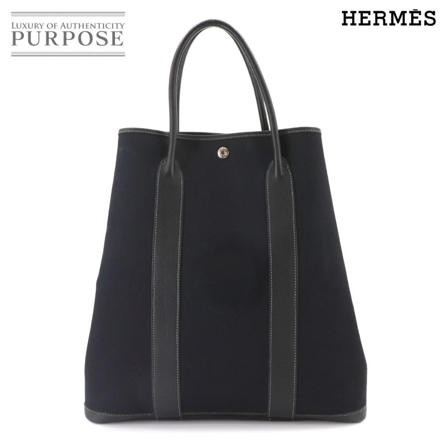 新品同様 ガーデンファイル MM エルメス HERMES トート バッグ トワルオフィシエ ネゴンダ ブラック □H刻印 Garden File 90346200