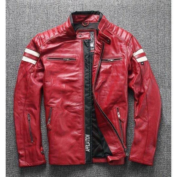 数量は多い メンズ革ジャン レザージャケット メンズ ライダースジャケット 白2本線 牛革 本革 レザージャケット ハーレー バイクウエア 革ジャン レッド ジャケット Www Rankinengineering Com