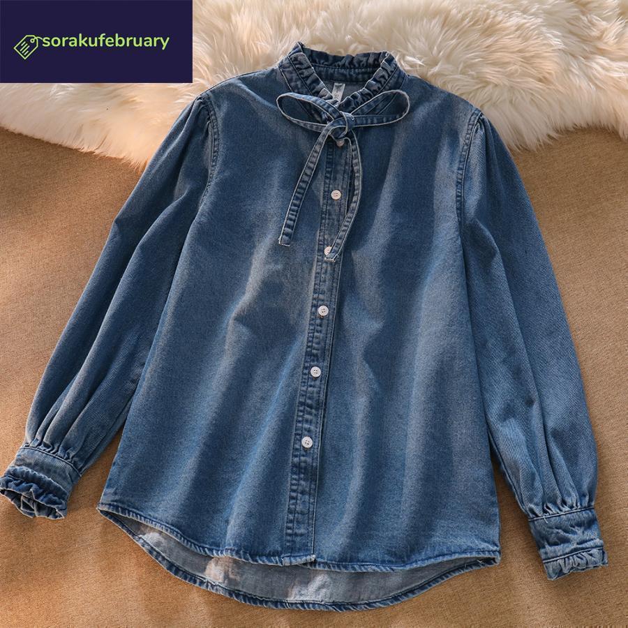 ブラウス レディース ス シャツ デニム 立ち襟 フリル リボン ボウタイ