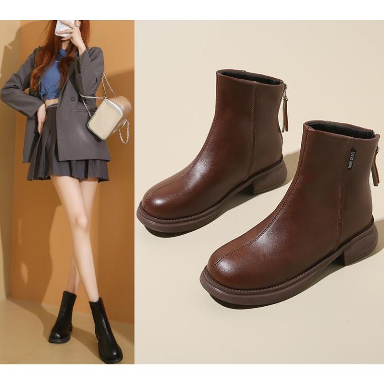 レディース ショートブーツ バックジッパー 厚底 ラウンドトゥ