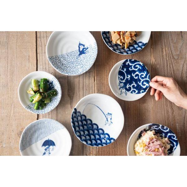 美濃焼 猫 シチタ ソメネコ 16.5cm皿 青海波 日本伝統模様 日本製