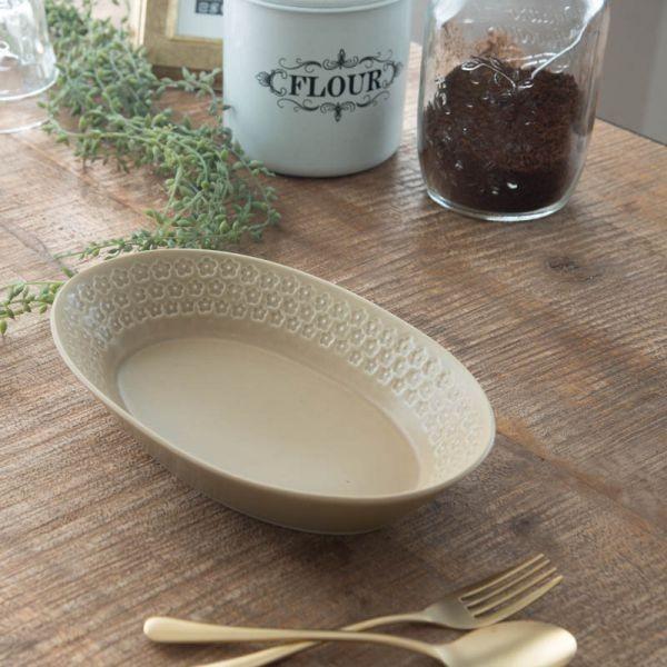 美濃焼 プレス・ド・フラワー  26.5cmオーバルベーカー マットベージュ　　日本製 | 