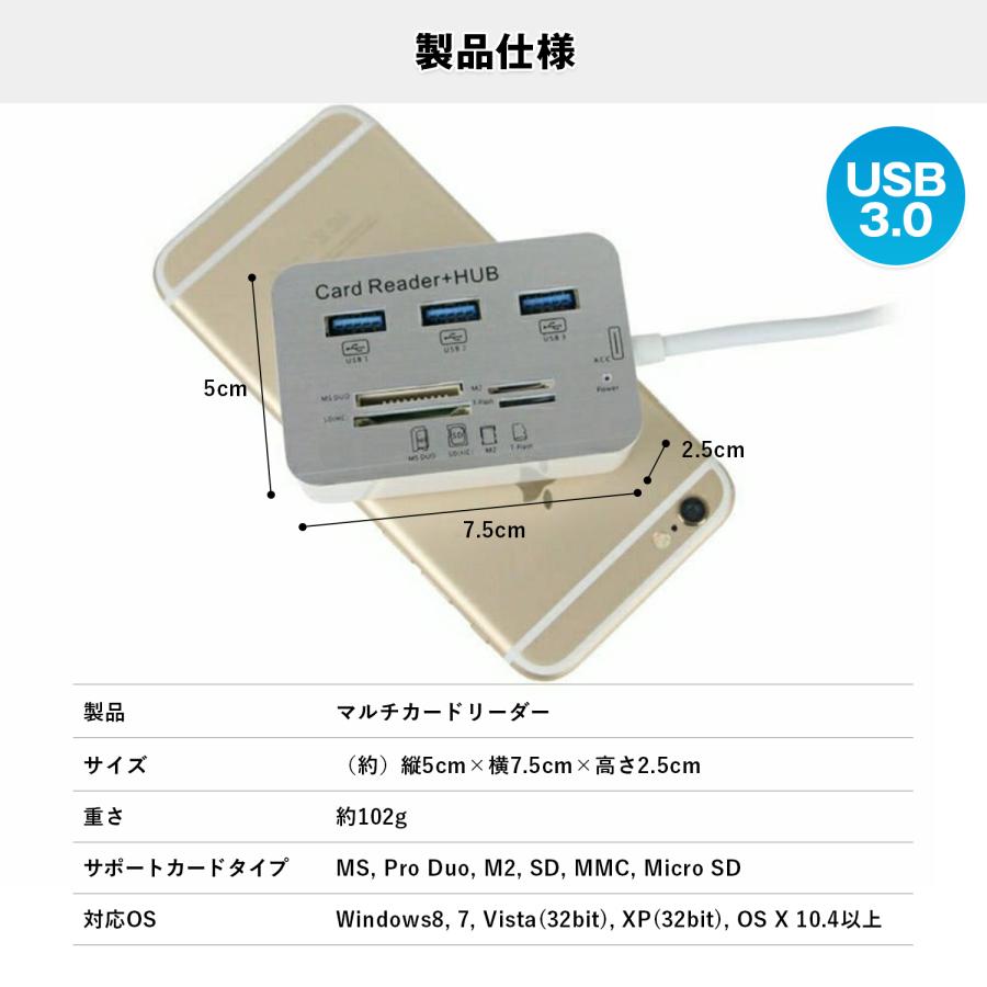 マルチカードリーダー カードリーダー 多機能 USBハブ USB3.0 高速転送 多機能 MicroSD 小型 外付け MS Micro T-FLASH｜puumint｜04