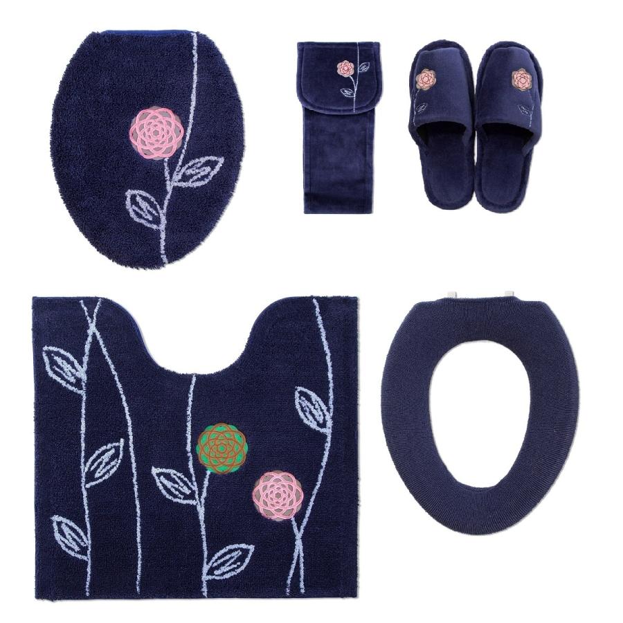 トイレマットセット 北欧 おしゃれ 風水 5点 高級ブランド ペーパーホルダーカバー スリッパ 花柄 普通型 O型 U型 オカ エトフ トォワ ネイビー ブルー 青