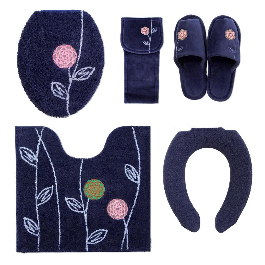 トイレマットセット 北欧 おしゃれ 風水 5点 高級ブランド ペーパーホルダーカバー スリッパ 花柄 普通型 O型 U型 オカ エトフ トォワ ネイビー ブルー 青