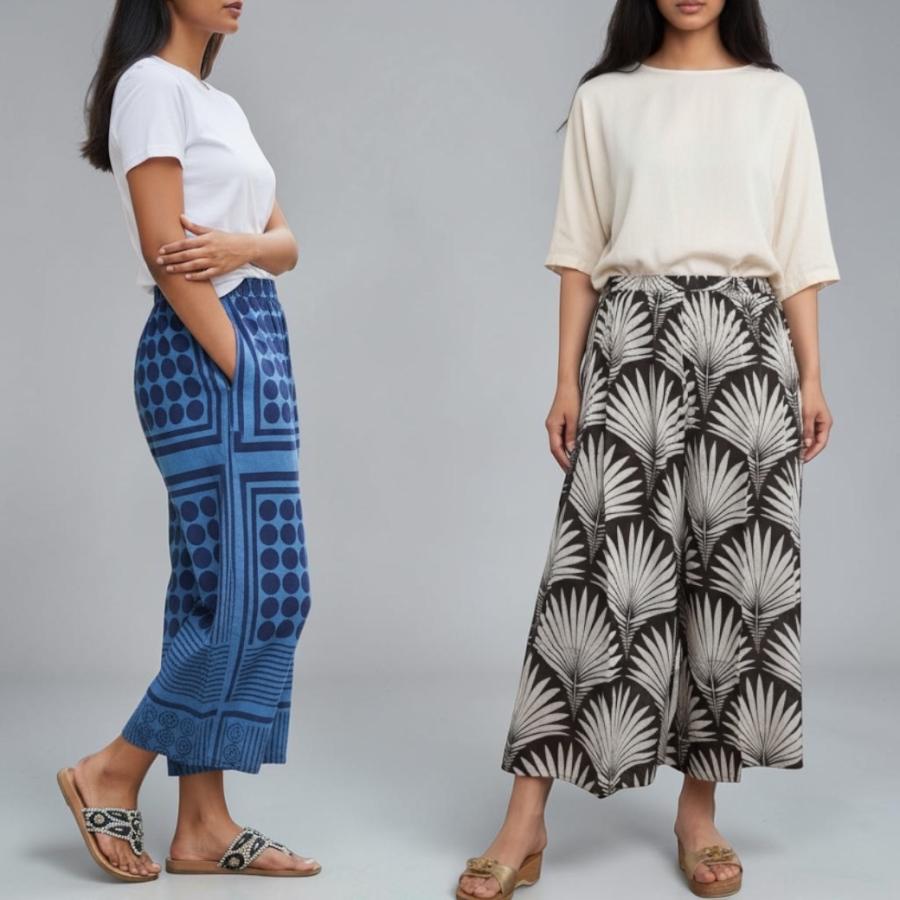 ワイドパンツ インド綿 リラックスパンツ プリント エスニック