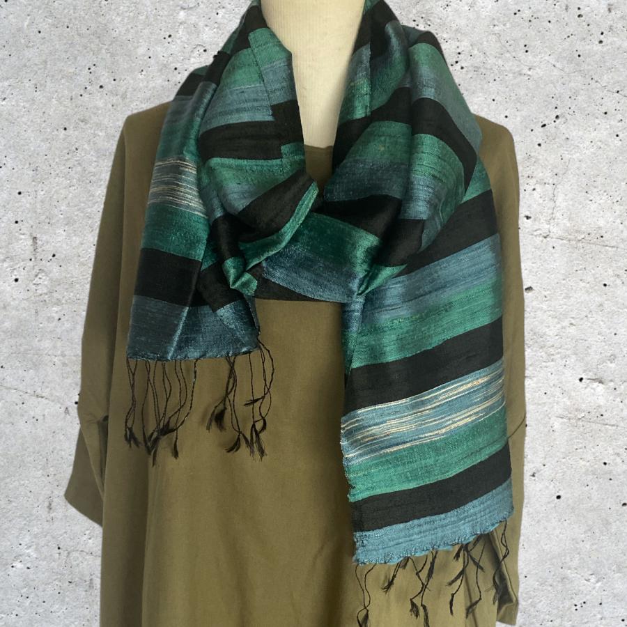 ラオス シルク 手織り ストール スカーフ ストライプ : アジアン雑貨