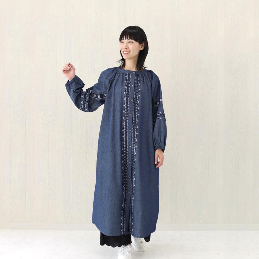 ワンピース 刺繍 前開き 羽織り フォークロア デニム : アジアン雑貨