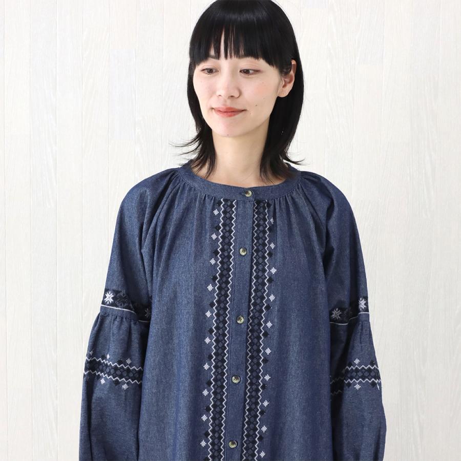 ワンピース 刺繍 前開き 羽織り フォークロア デニム : アジアン雑貨