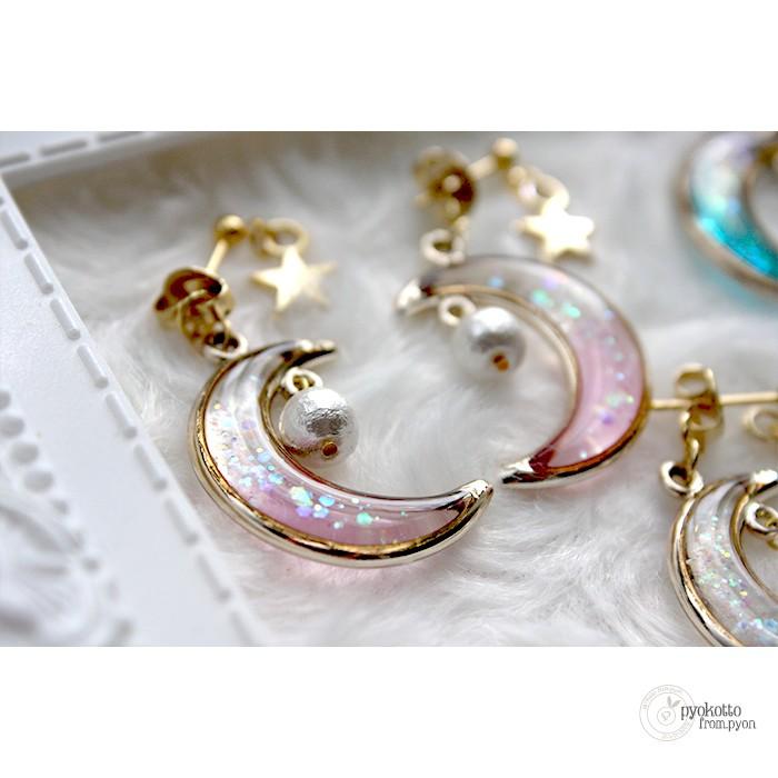 ▷オリオン流星群 デザイン ピアス ハンドメイド アクセサリー パール フープ 宝石質スカイブルートパーズetc チャーム3点＋チタンフープ