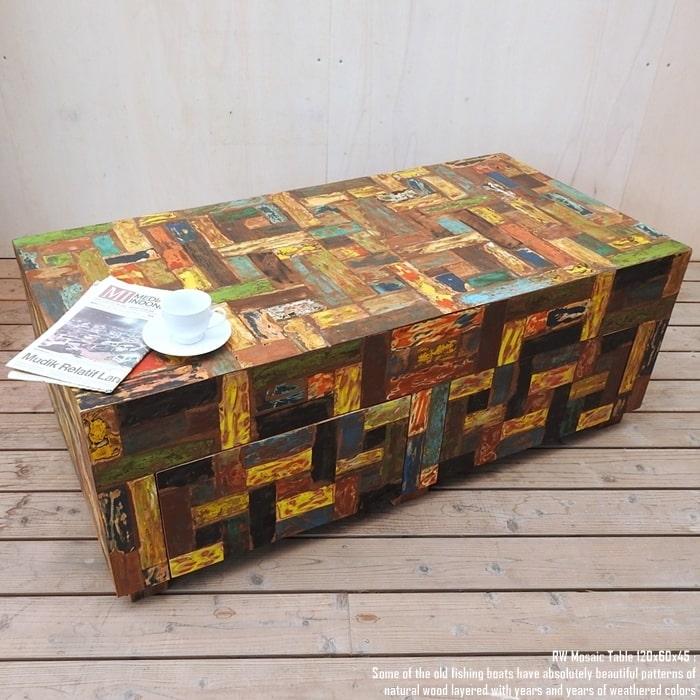 モザイクテーブル 120cm × 60cm ボートウッド 船古材 ローテーブル