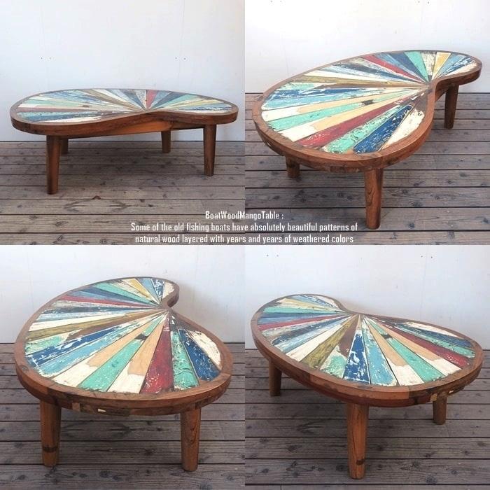 一点物 ボートウッド マンゴーテーブル121.5cm B 船古材 ボート再生家具 古材 ラウンドテーブル ローテーブル 雲形
