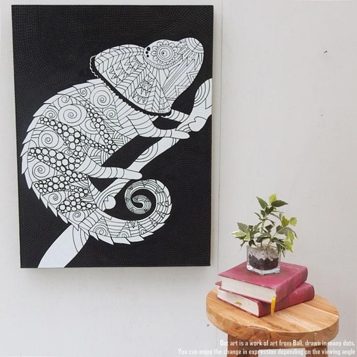 ドットアート 80cm × 60cm カメレオン ドットペインティング 黒 モダン