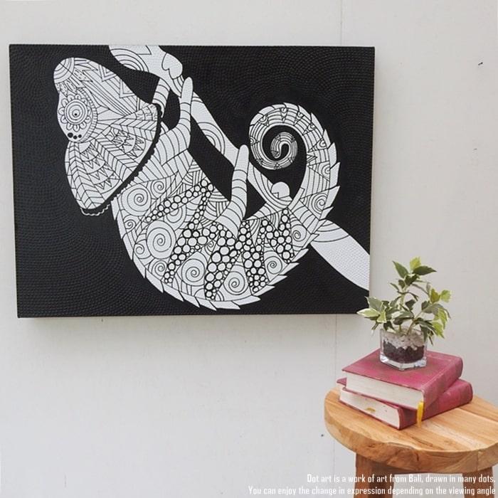 ドットアート 80cm × 60cm カメレオン ドットペインティング 黒