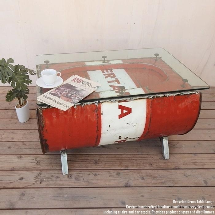 一点物 ドラム缶をリメイクしたテーブル 90cm ロング ガラス 一点物 ドラム缶をリメイクしたテーブル 90cm ロング ガラス