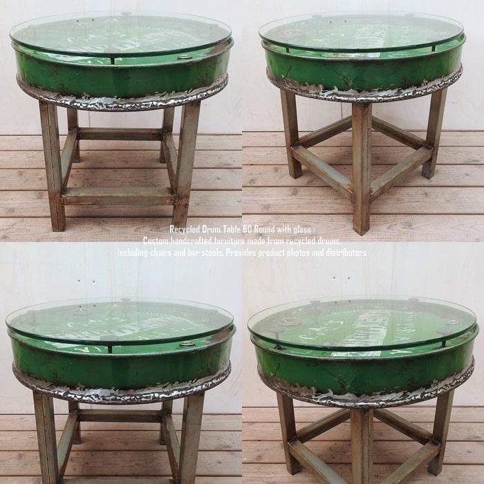 一点物 ドラム缶をリメイクしたテーブル 60cm ラウンド ガラステーブル 緑 サイドテーブル コーヒーテーブル リメイク家具 工業系