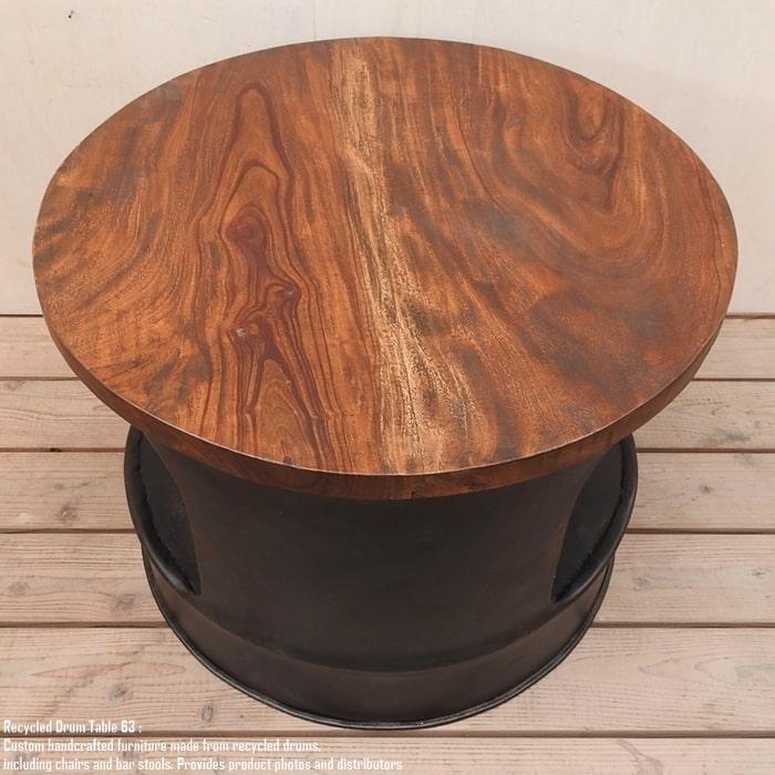 ドラム缶をリメイクしたテーブル 63cm 黒 ラウンド 天然木 センター