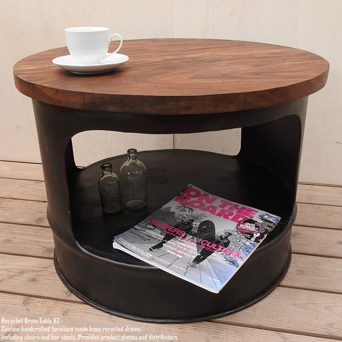 ドラム缶をリメイクしたテーブル 63cm 黒 ラウンド 天然木 センター