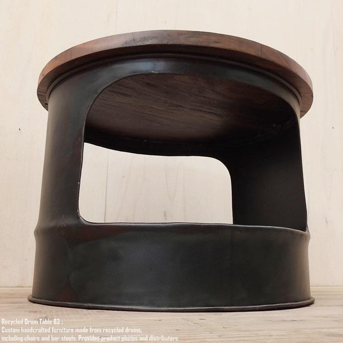 ドラム缶をリメイクしたテーブル 63cm 黒 ラウンド 天然木 センター