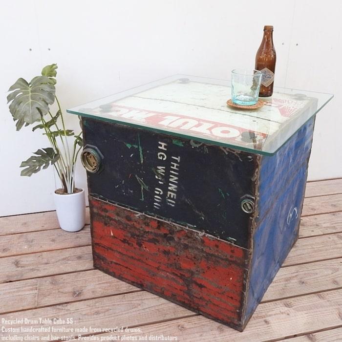 ドラム缶をリメイクしたテーブル 55cm A スクエア ガラステーブル