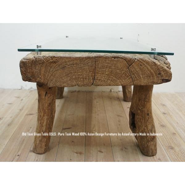 一点物 希少オールドチーク臼テーブル 85cm ガラストップ ガラス