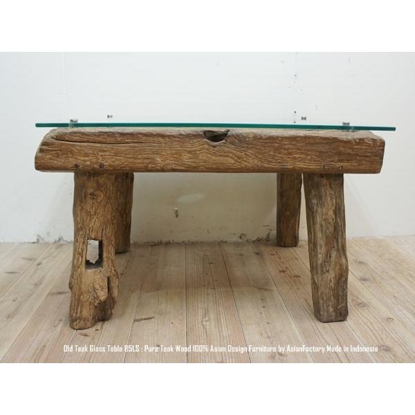 一点物 希少オールドチーク臼テーブル 85cm ガラストップ ガラス