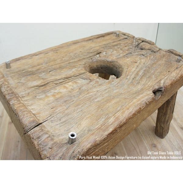 一点物 希少オールドチーク臼テーブル 85cm ガラストップ ガラス