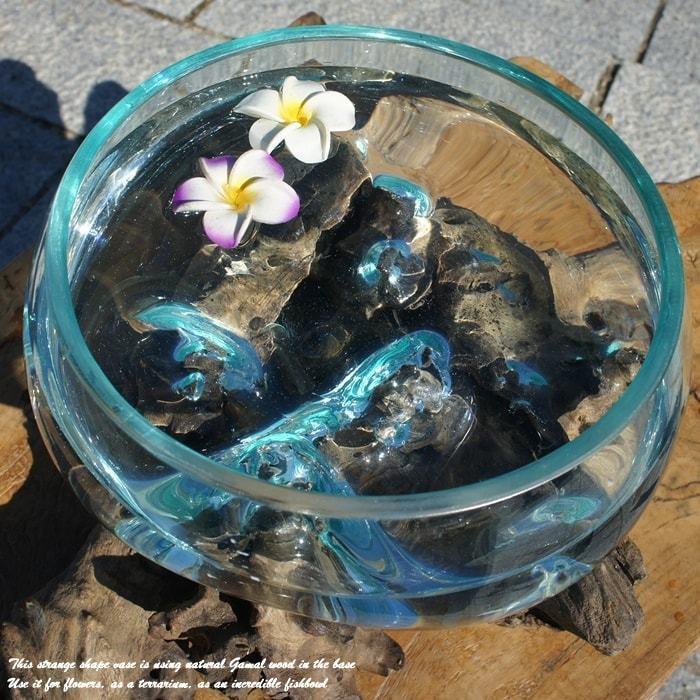 吹きガラスと天然木のオブジェ B25 金魚鉢 メダカ水槽 花瓶 流木ガラス