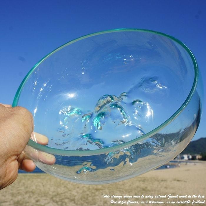 吹きガラスと天然木のオブジェ B25 金魚鉢 メダカ水槽 花瓶 流木ガラス