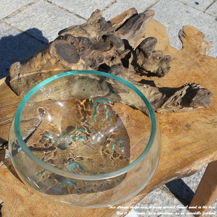 吹きガラスと天然木のオブジェ B25 金魚鉢 メダカ水槽 花瓶 流木ガラス