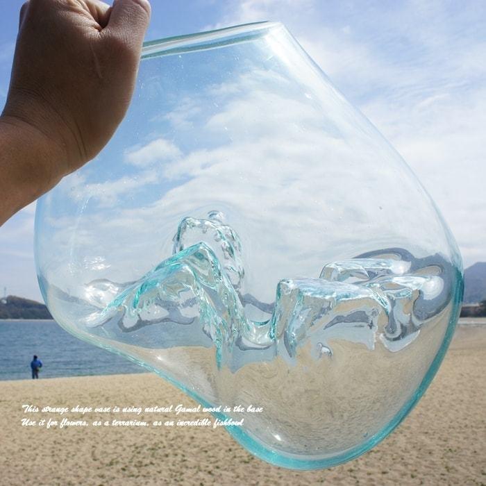 吹きガラスと天然木のオブジェ L 金魚鉢 メダカ水槽 花瓶 流木ガラス