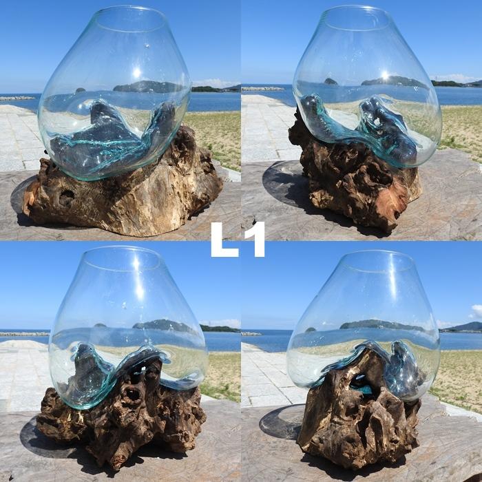 吹きガラスと天然木のオブジェ L 金魚鉢 メダカ水槽 花瓶 流木ガラス